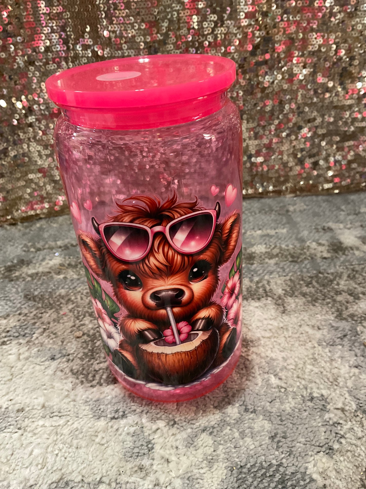 Baby Highland Cow Floral Pink Plastic Tumbler