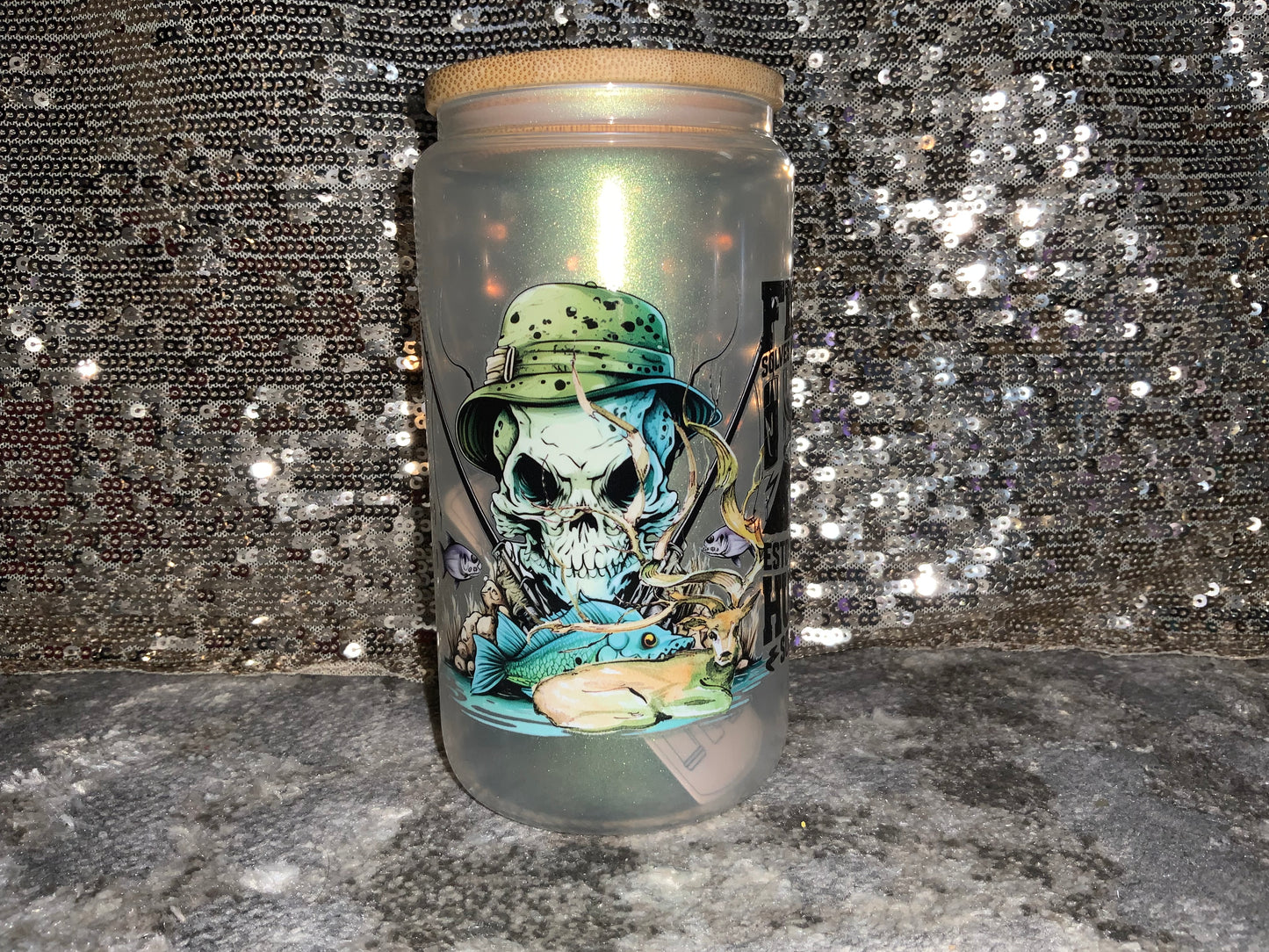 FISHING SOLVES MOST OF MY PROBLEMS ESTD 1976 HUNTING SOLVE THE REST -Rainbow Shimmer Colorful Haze Glass Tumbler (Green)