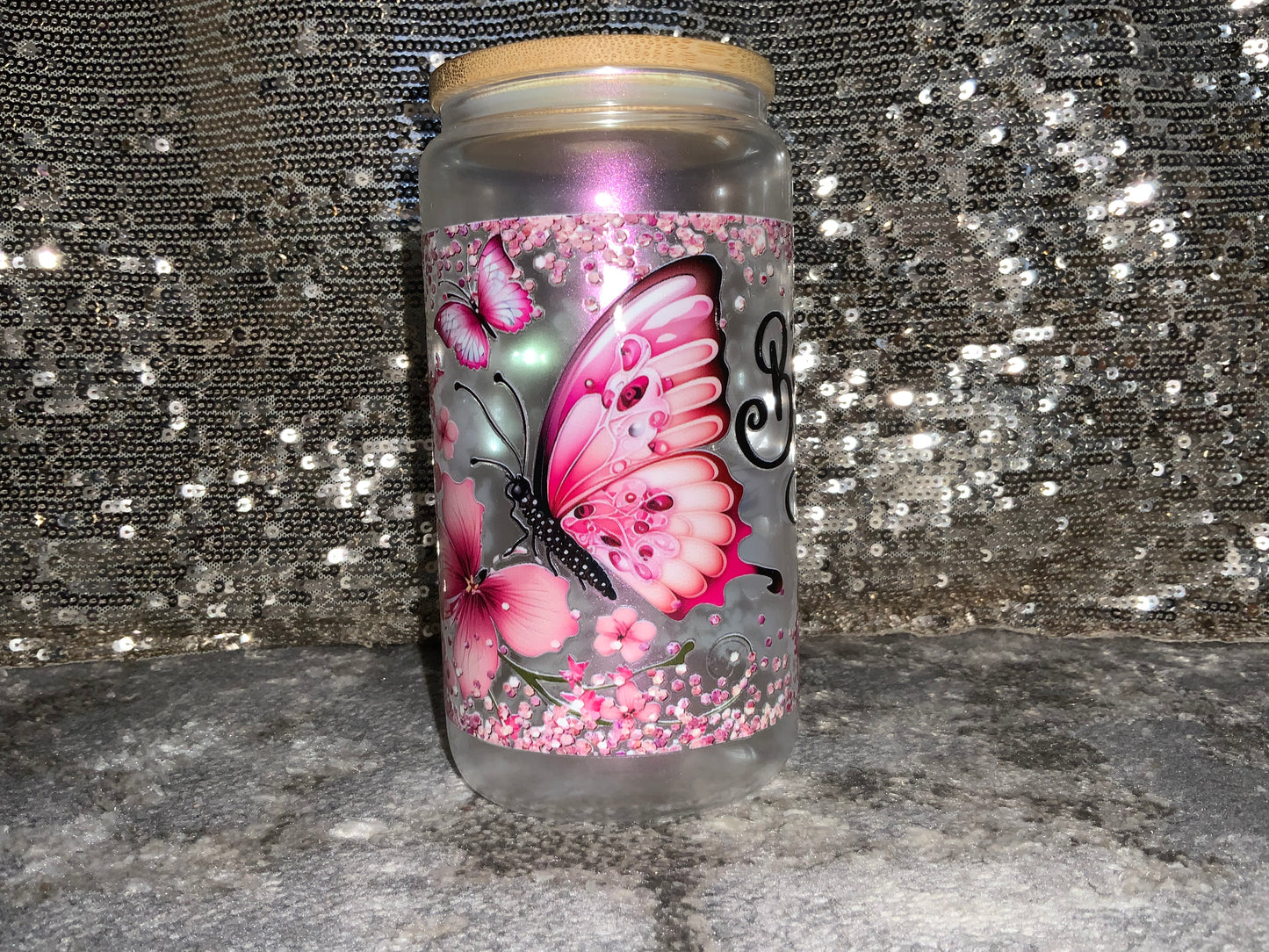 Believe Pink Butterfly -Rainbow Shimmer Colorful Haze Glass Tumbler (Pink)