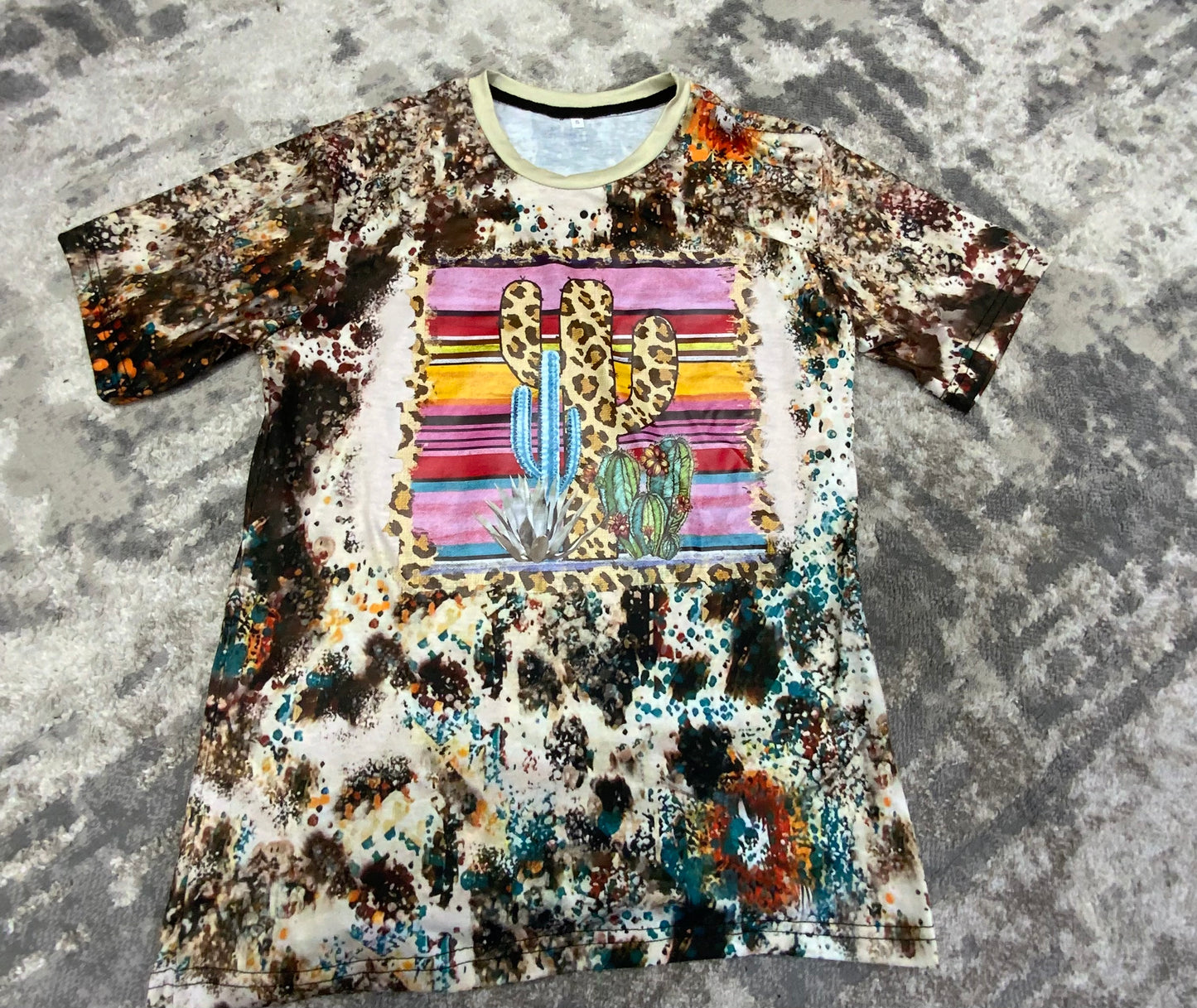 Western Aztec Cactus Cheetah Print Design-Cow Print, Sunflower Teal Splatter-Stripes-Bleach Printed T-shirt