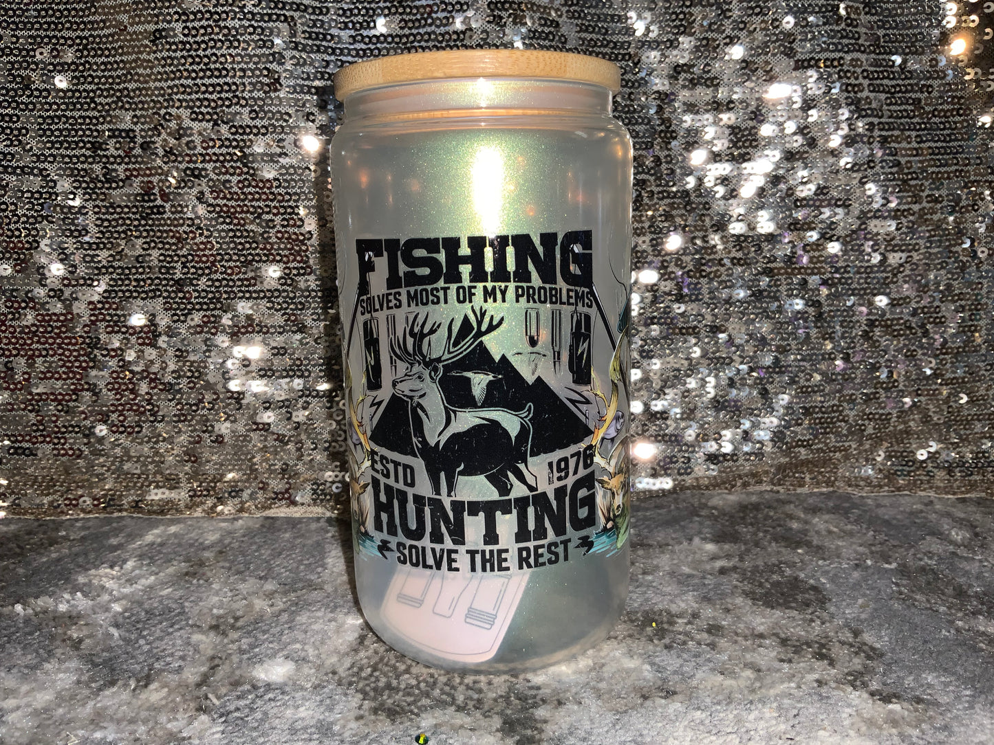 FISHING SOLVES MOST OF MY PROBLEMS ESTD 1976 HUNTING SOLVE THE REST -Rainbow Shimmer Colorful Haze Glass Tumbler (Green)