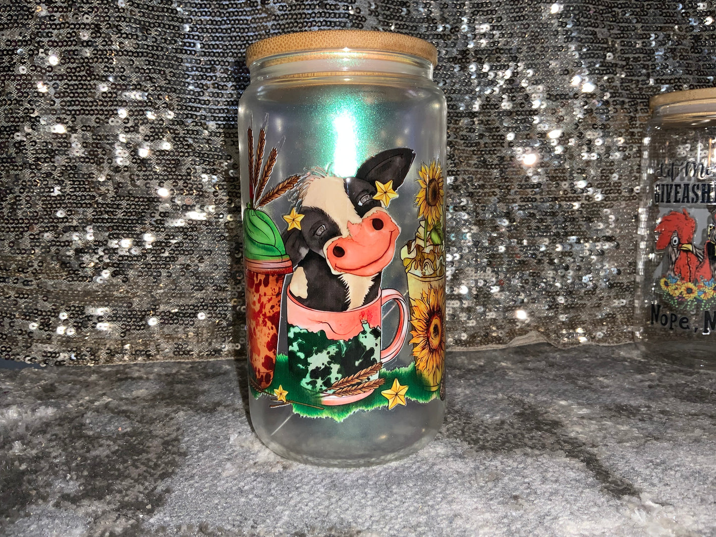 Smiling Cow Lattes -Rainbow Shimmer Colorful Haze Glass Tumbler (Green)