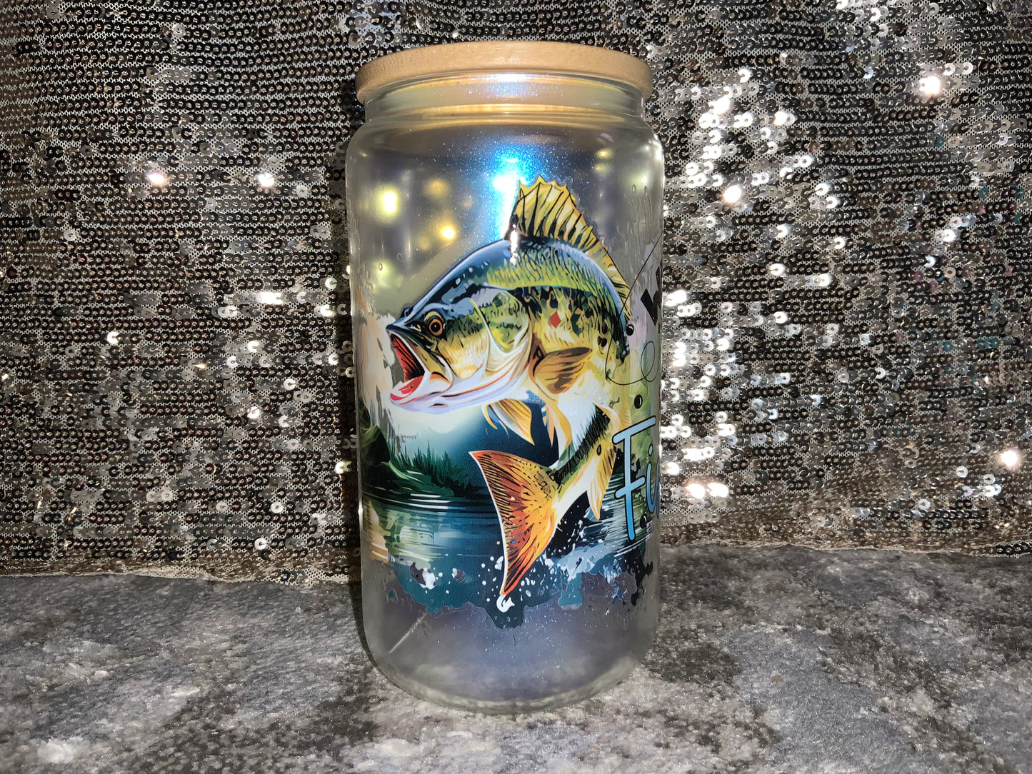 Wishin I WAS Fishin (FISHING DAD)-Rainbow Shimmer Colorful Haze Glass Tumbler (Blue)
