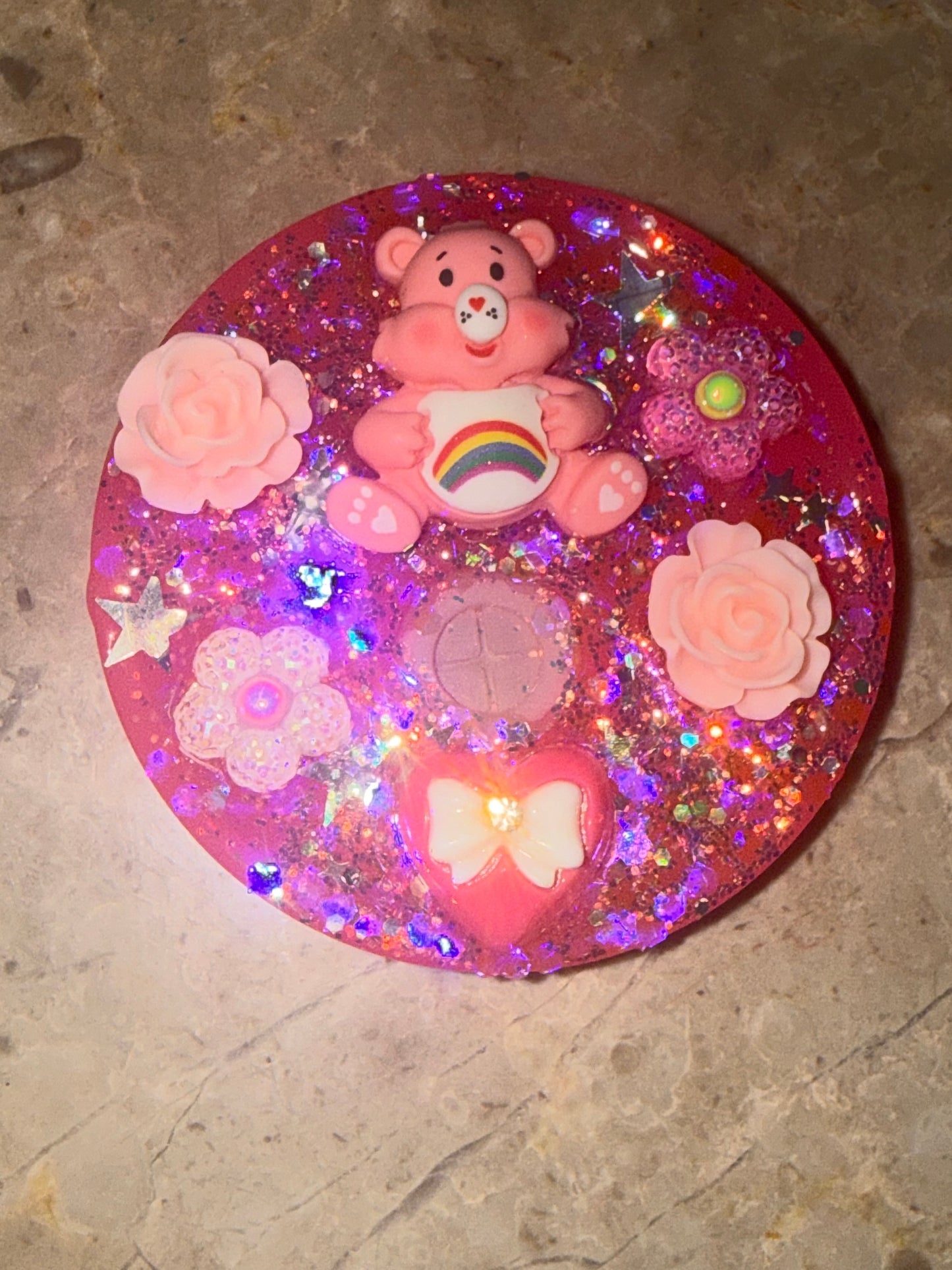 Care Bear Inspired 16 oz Pink Glass Cup with Holographic Design with decorative lid topper