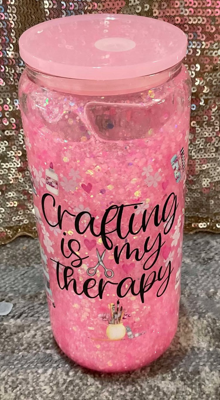 Crafting is my Therapy Snowglobe Chuncky Pink Glitter Tumbler