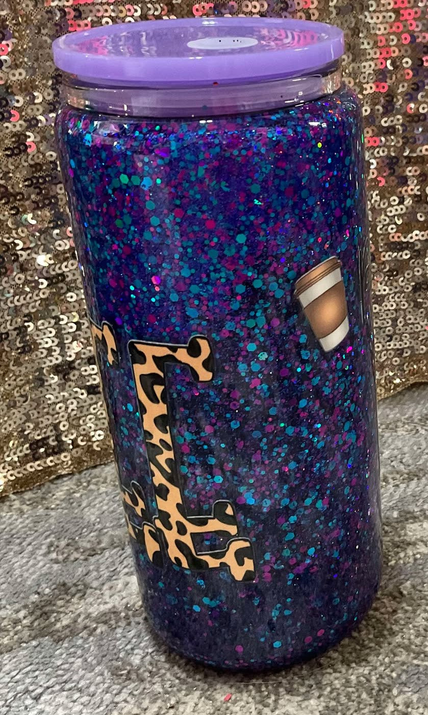 Please COFFEE Chunky Purple and Blue Glitter Snowglobe Tumbler