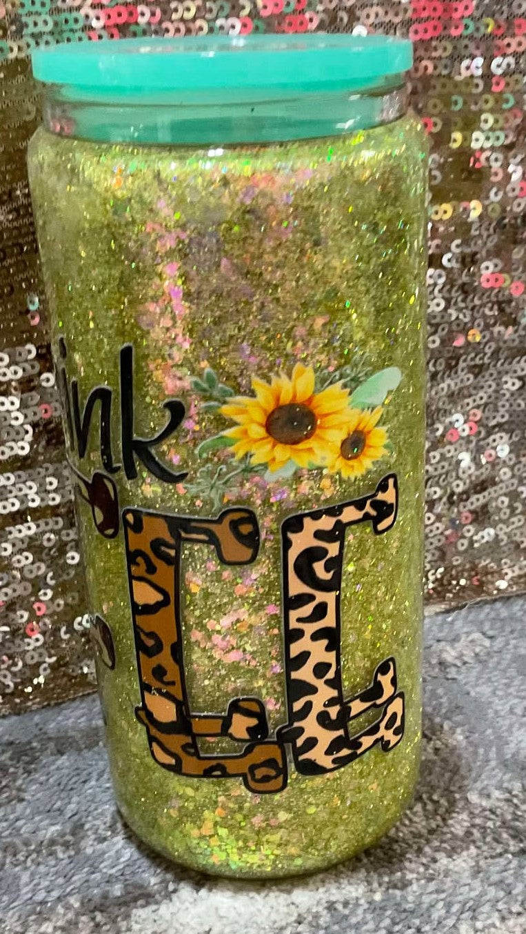 first we drink COFFEE Chunky Green Yellow Glitter Snowglobe Tumbler
