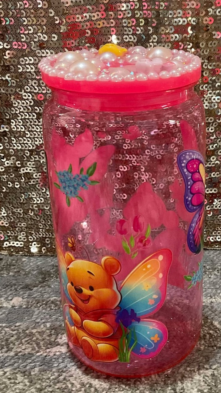 Whinnie the Pooh, Piglet, Eeyore Pink Plastic Tumbler with Lid Decorated