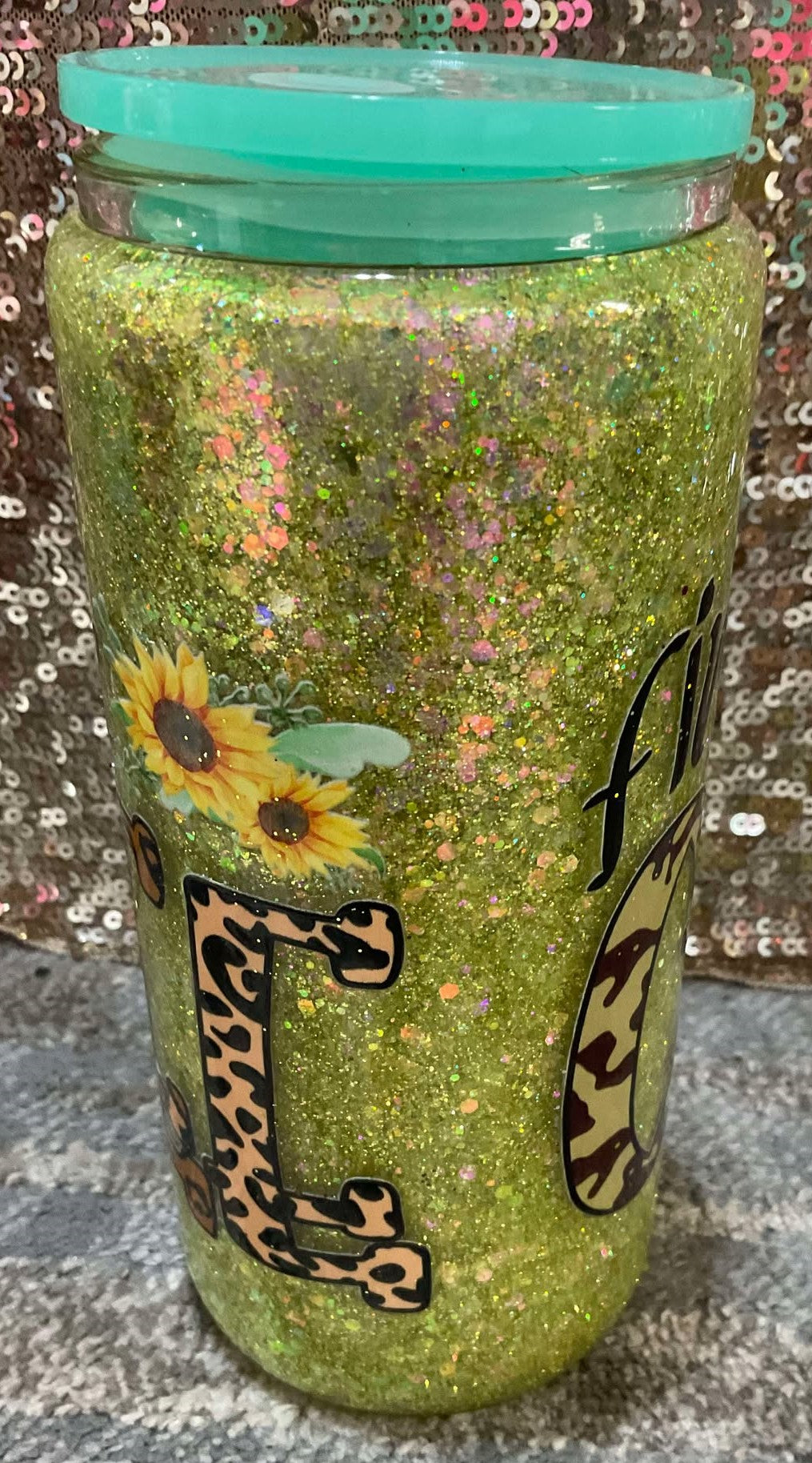 first we drink COFFEE Chunky Green Yellow Glitter Snowglobe Tumbler