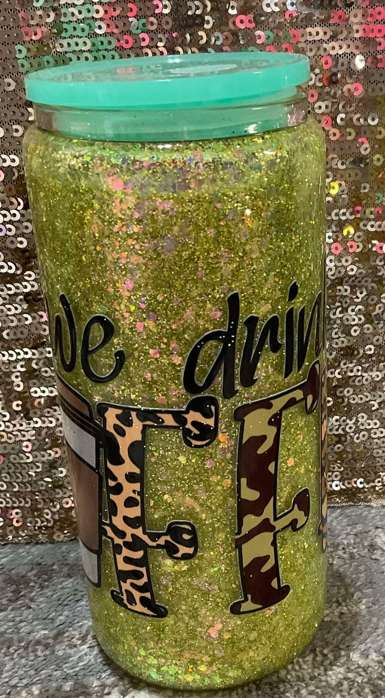 first we drink COFFEE Chunky Green Yellow Glitter Snowglobe Tumbler