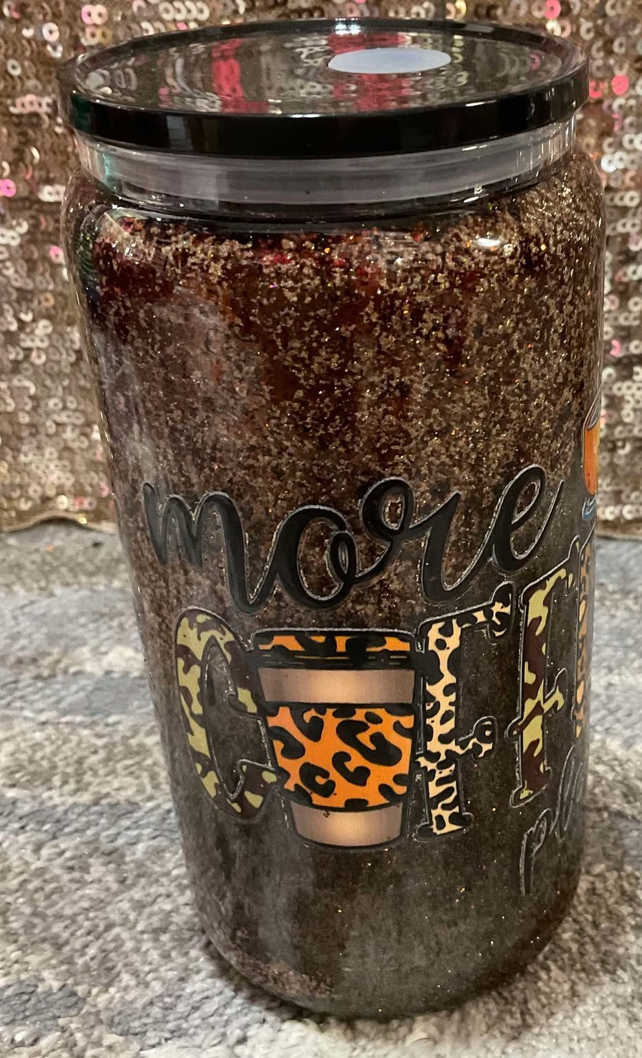 life happens COFFEE helps more COFFEE please Brown and Gold Glitter Snowglobe Tumbler