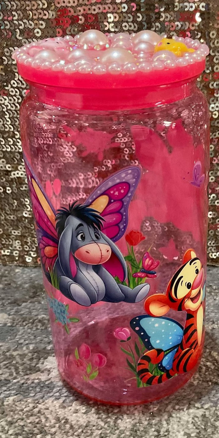 Whinnie the Pooh, Piglet, Eeyore Pink Plastic Tumbler with Lid Decorated