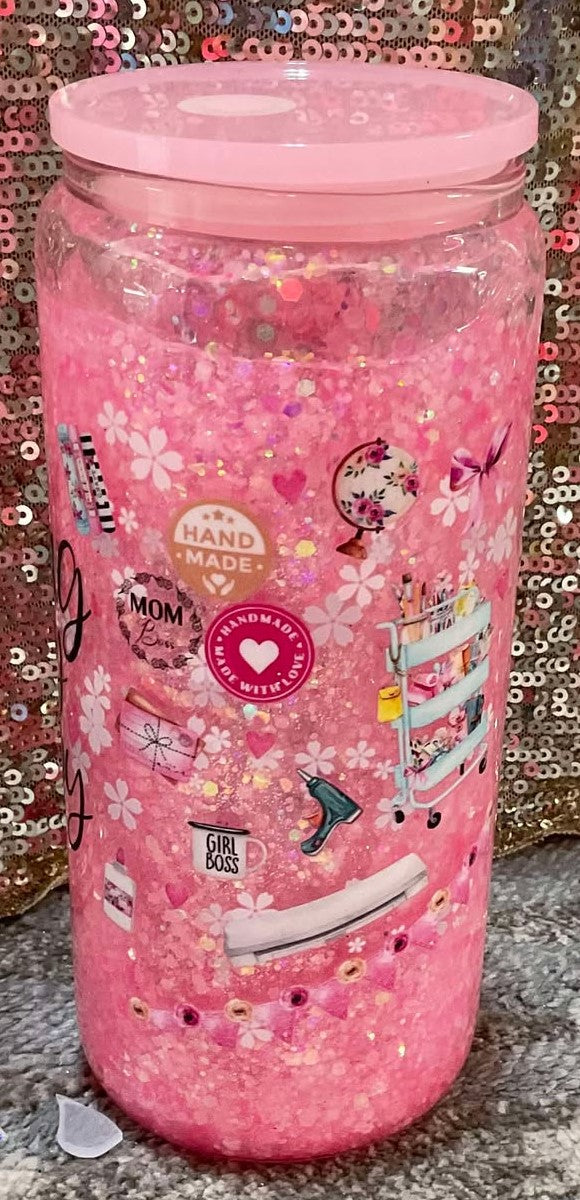 Crafting is my Therapy Snowglobe Chuncky Pink Glitter Tumbler