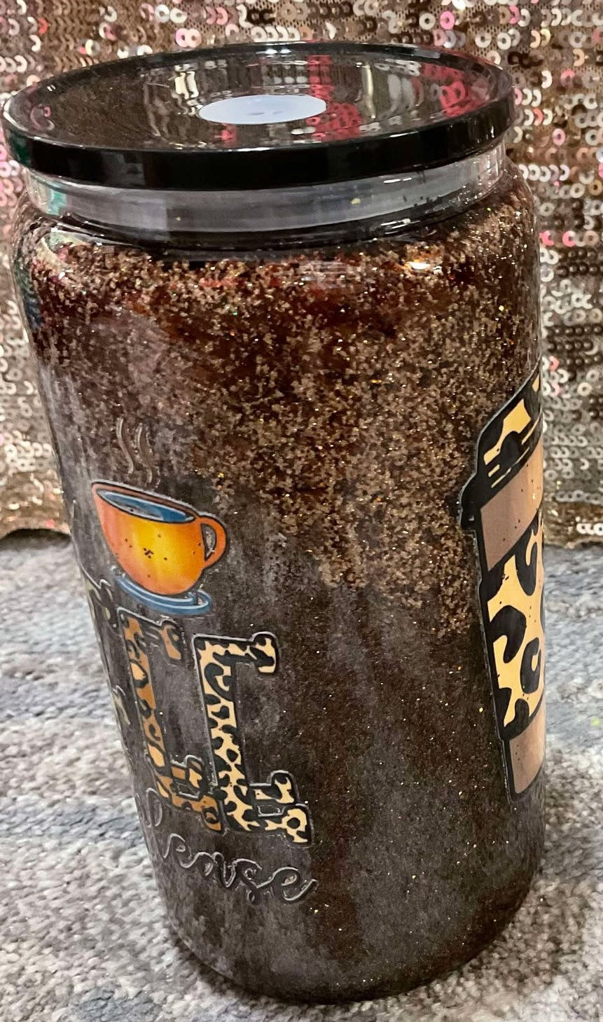 life happens COFFEE helps more COFFEE please Brown and Gold Glitter Snowglobe Tumbler