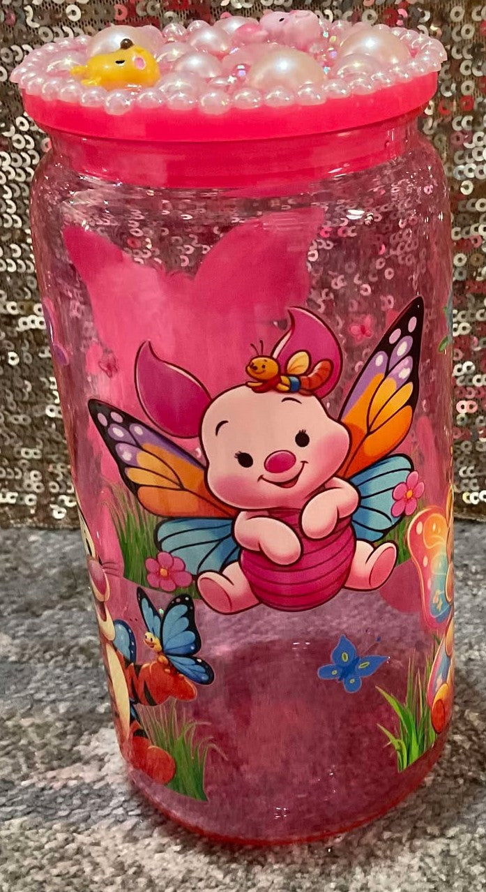 Whinnie the Pooh, Piglet, Eeyore Pink Plastic Tumbler with Lid Decorated