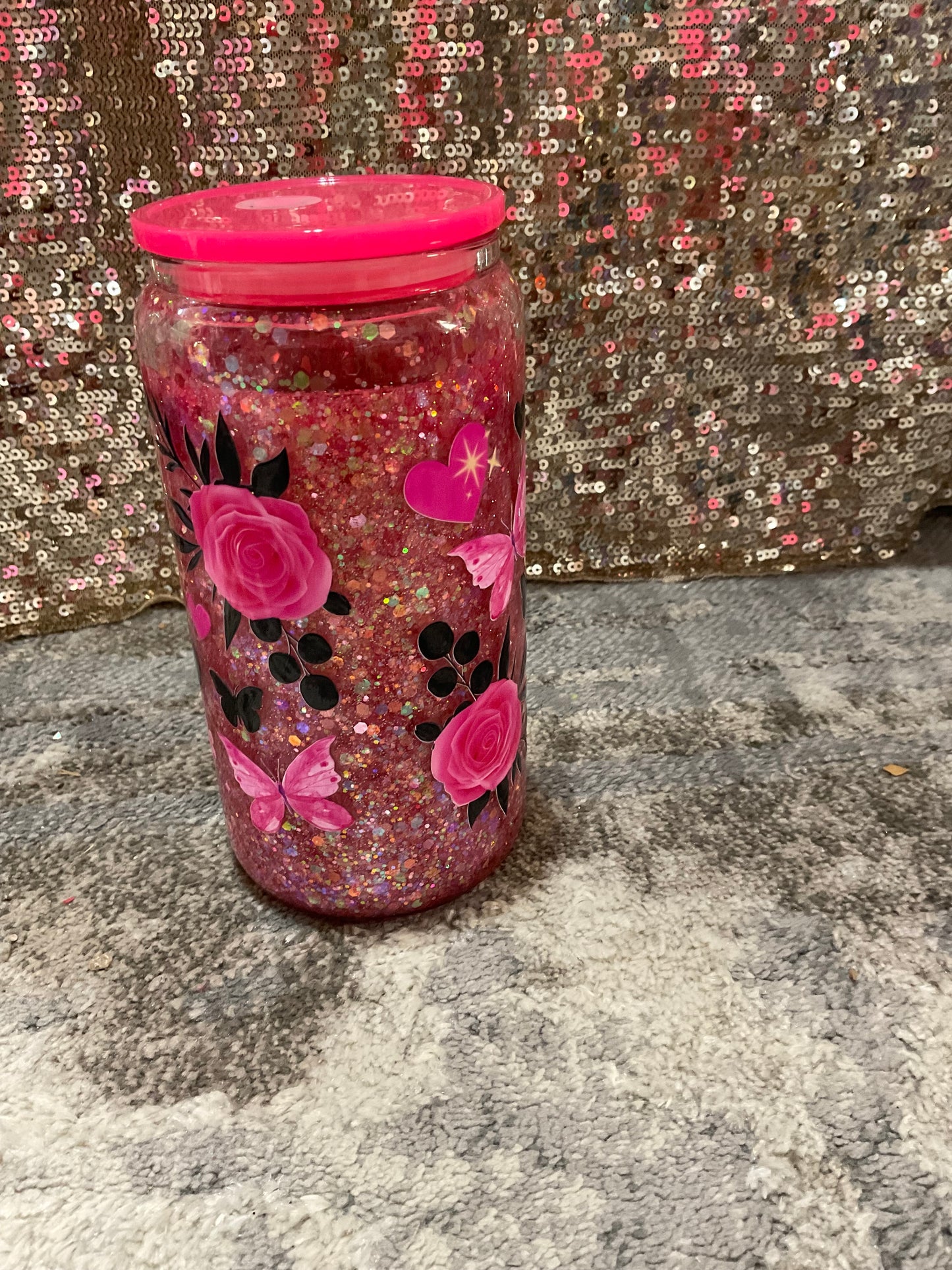 Baby Highland Cow roses, butterfly, hearts, black Pink Chunky Glitter Snowglobe Tumbler