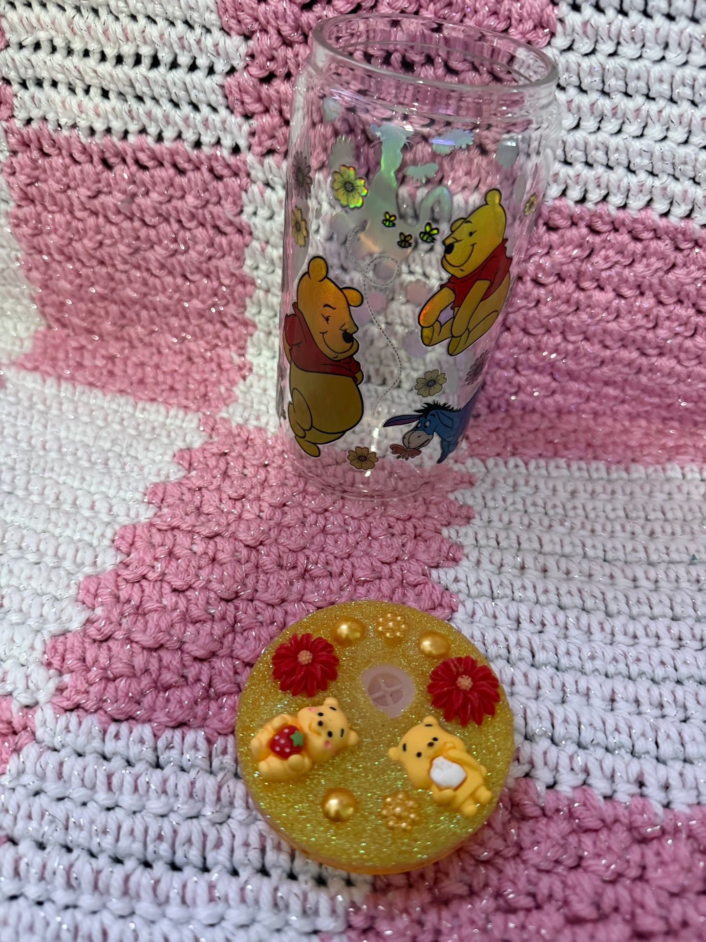Winnie the Pooh Character Themed 16 oz Glass Cup with Holographic Design with decorative lid topper