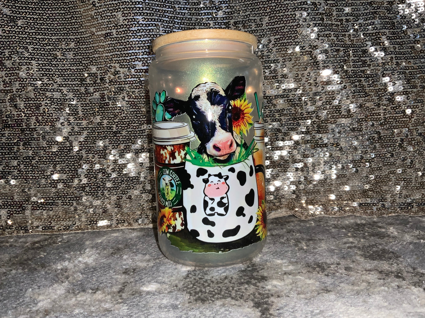 COW COFFEE -Rainbow Shimmer Colorful Haze Glass Tumbler (Green)