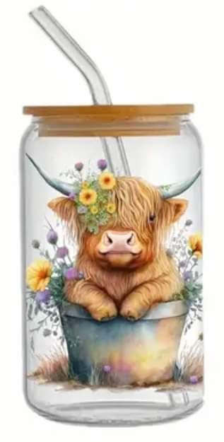Cute Flower Pot Cow -Rainbow Shimmer Colorful Haze Glass Tumbler (Green)