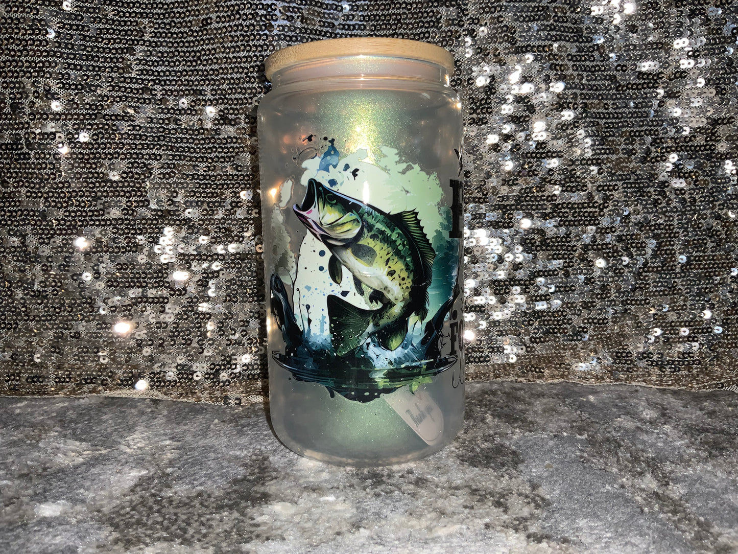 BORN TO FISH FORCED TO WORK -Rainbow Shimmer Colorful Haze Glass Tumbler (Green)