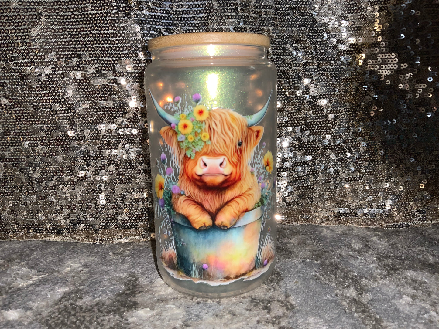 Cute Flower Pot Cow -Rainbow Shimmer Colorful Haze Glass Tumbler (Green)