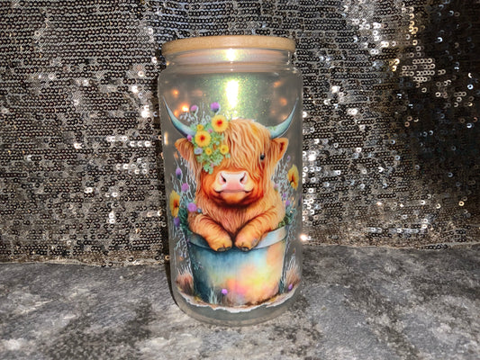 Cute Flower Pot Cow -Rainbow Shimmer Colorful Haze Glass Tumbler (Green)