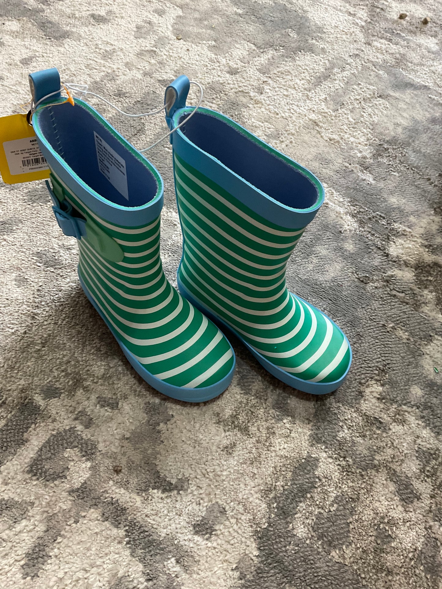 Kids Green and white stripes Printed on a blue Rubber Slip On Ankle Boots