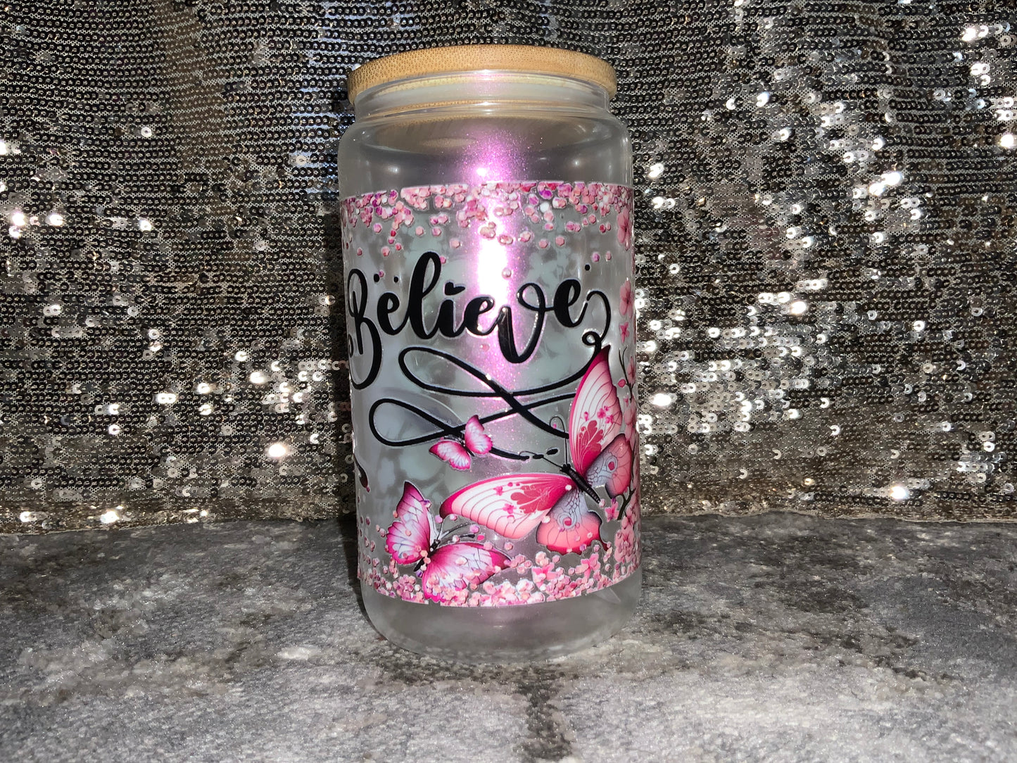 Believe Pink Butterfly -Rainbow Shimmer Colorful Haze Glass Tumbler (Pink)