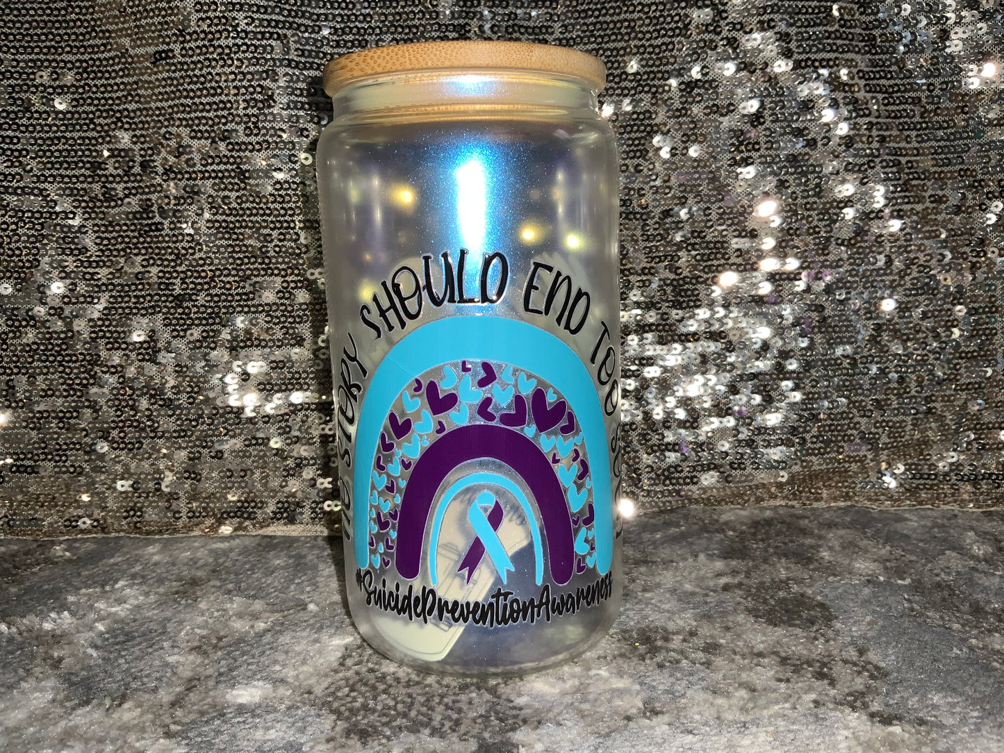 No Story Should End Too Soon (suicide awareness) -Rainbow Shimmer Colorful Haze Glass Tumbler (Blue)