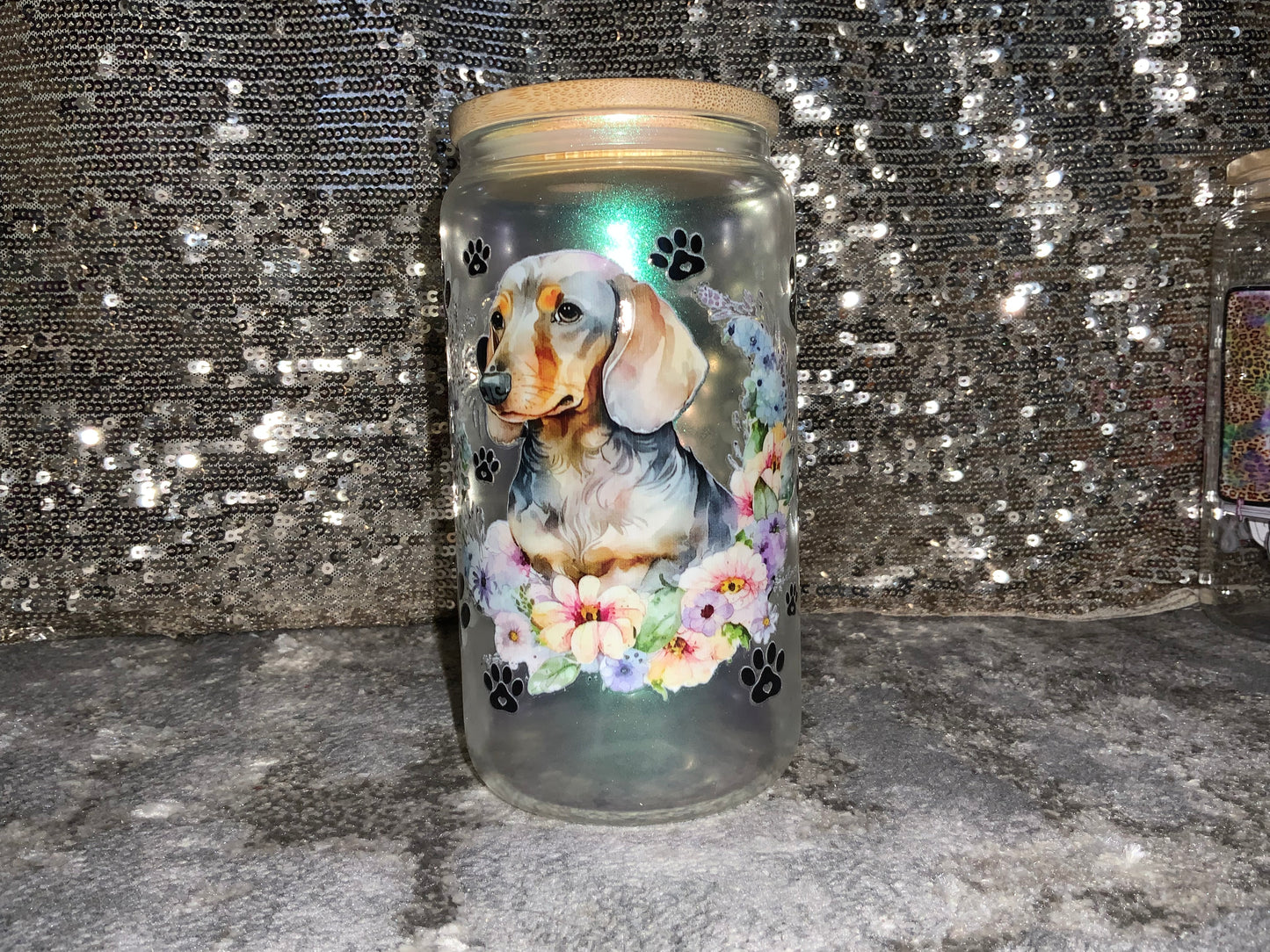 Dachshund Paw Prints-Rainbow Shimmer Colorful Haze Glass Tumbler (Green)