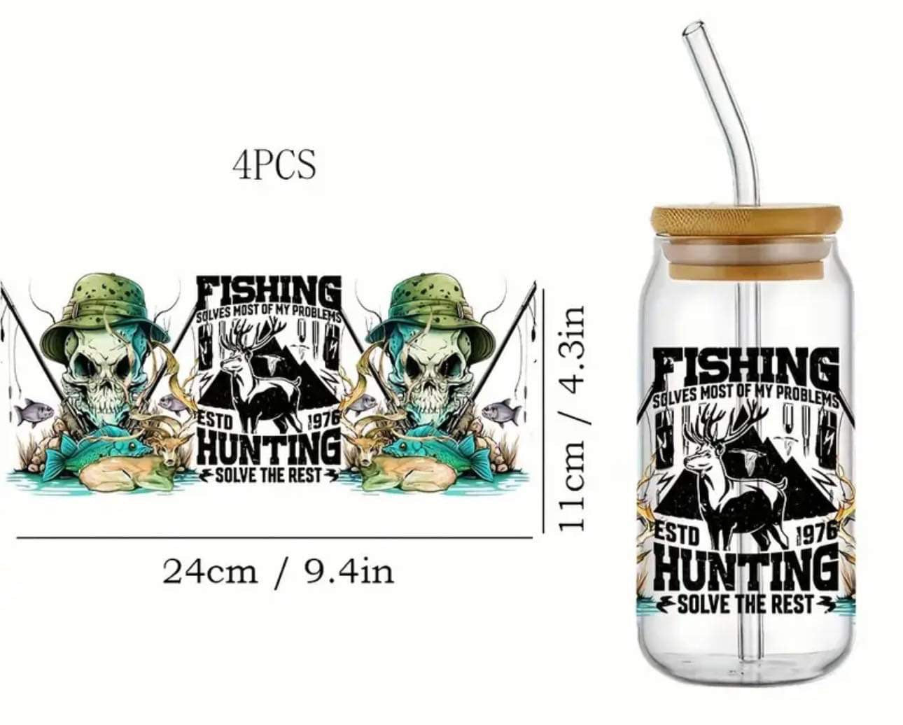 FISHING SOLVES MOST OF MY PROBLEMS ESTD 1976 HUNTING SOLVE THE REST -Rainbow Shimmer Colorful Haze Glass Tumbler (Green)