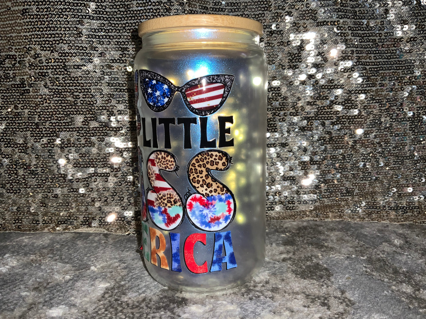 LITTLE MISS AMERICA -Rainbow Shimmer Colorful Haze Glass Tumbler (Blue)
