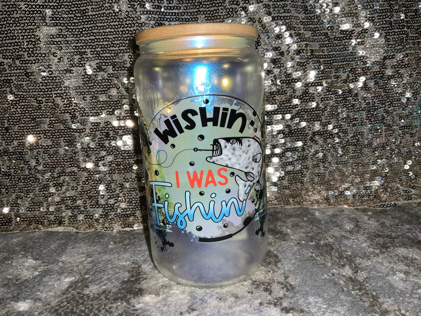 Wishin I WAS Fishin (FISHING DAD)-Rainbow Shimmer Colorful Haze Glass Tumbler (Blue)