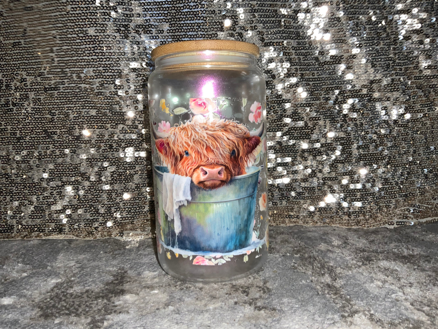 BATHING COW -Rainbow Shimmer Colorful Haze Glass Tumbler (Pink)