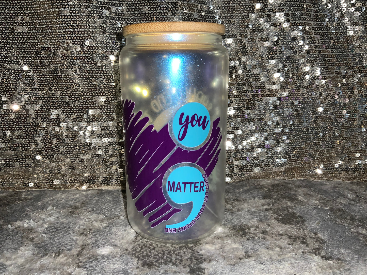No Story Should End Too Soon (suicide awareness) -Rainbow Shimmer Colorful Haze Glass Tumbler (Blue)