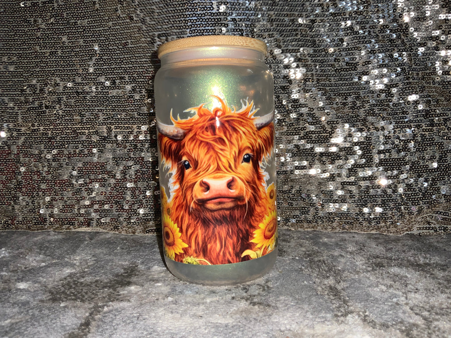 Sunflower Cow -Rainbow Shimmer Colorful Haze Glass Tumbler (Green)