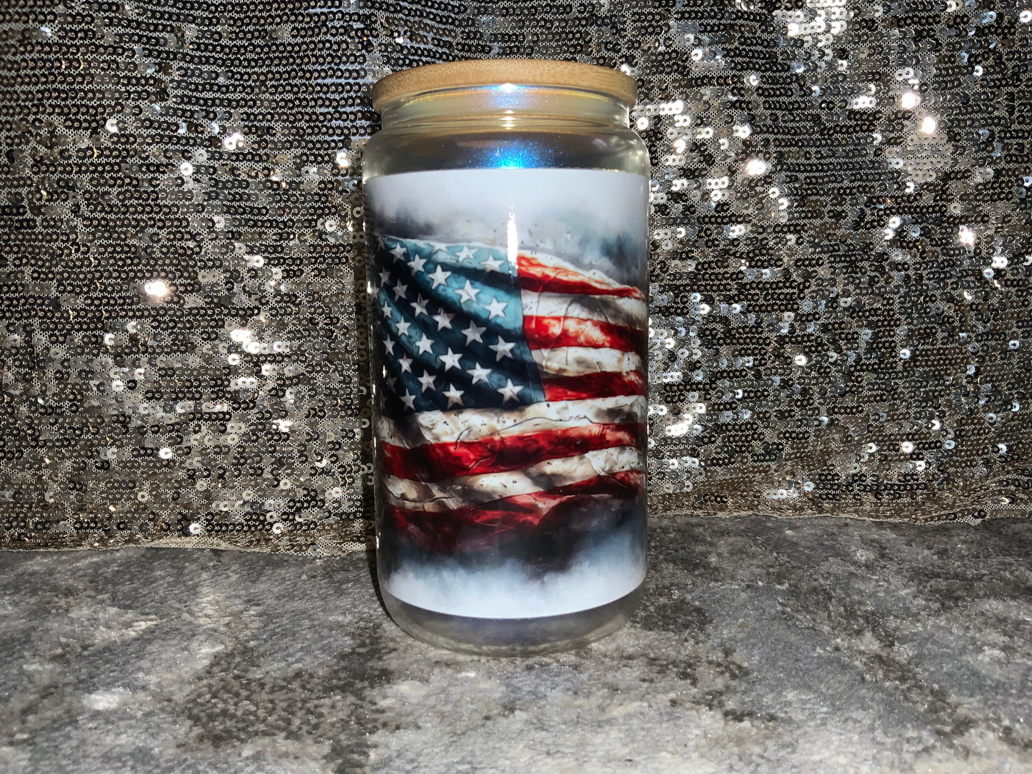 WE THE PEOPLE AMERICAN FLAG -Rainbow Shimmer Colorful Haze Glass Tumbler (Blue)
