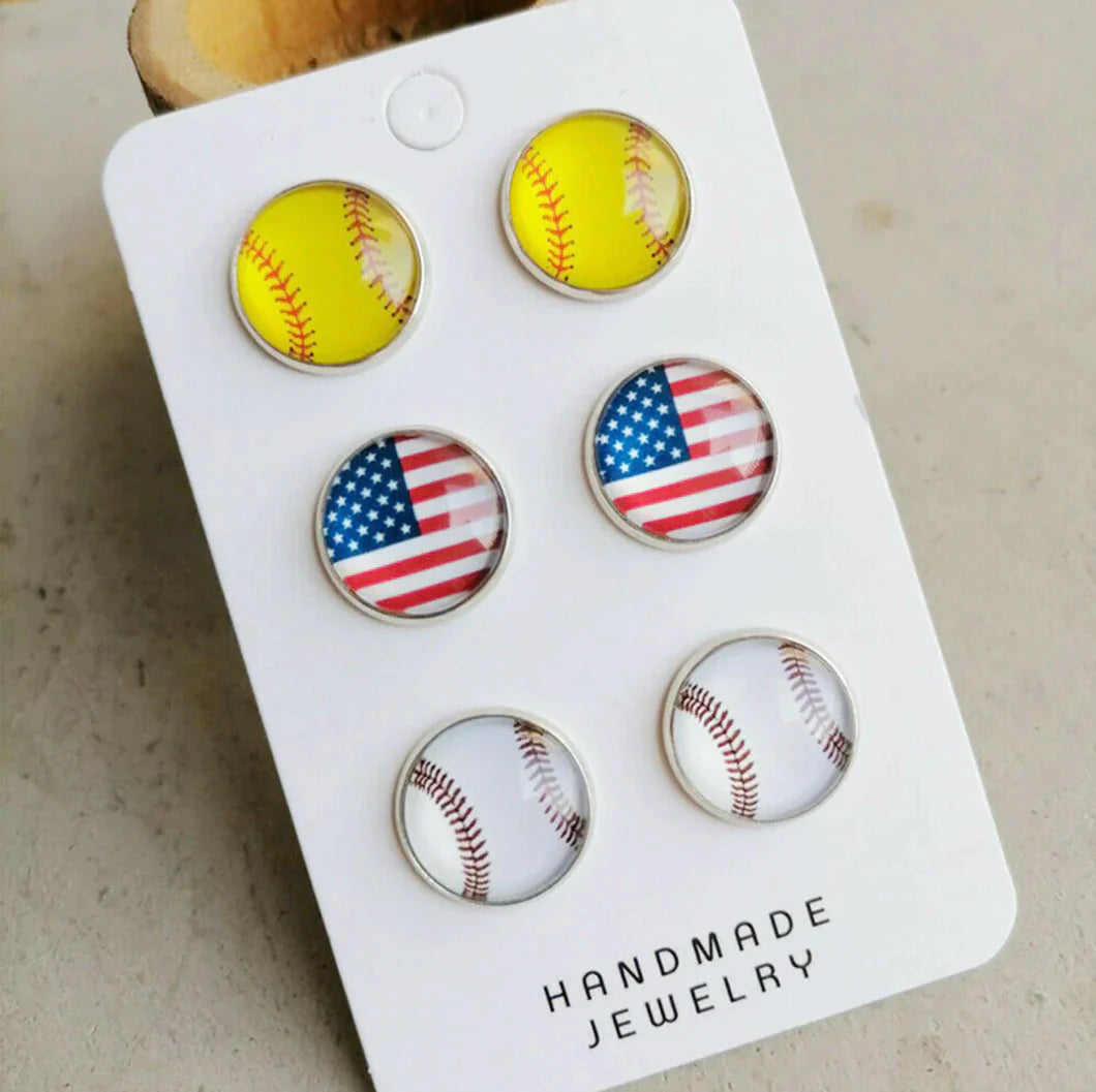 Triple Set of Baseball Softball Patriotic Stud Earrings - That’s So Fletch Boutique