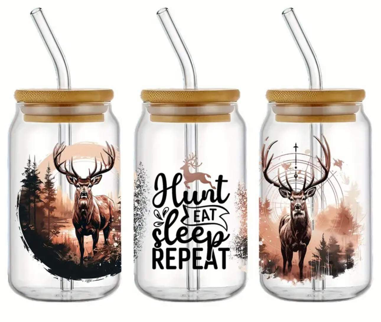 Hunt Eat Sleep REPEAT Buck-Clear 16oz Glass Tumbler