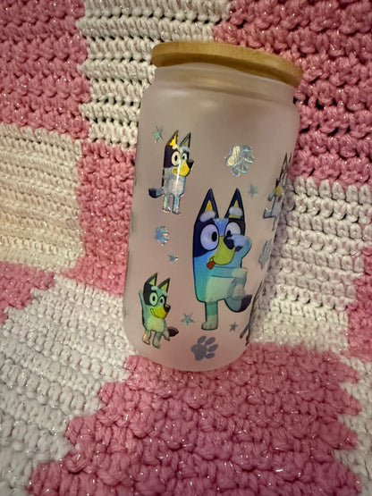 Bluey 16 oz Frosted Glass Cup with Holographic Design