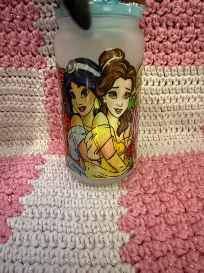 Disney Princess 16 oz Frosted Glass Cup with Holographic Design with decorative lid topper