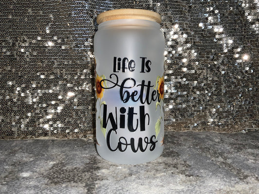 Life Is better with Cows Highland Cow Sunflower-Frosted 16oz Glass Tumbler