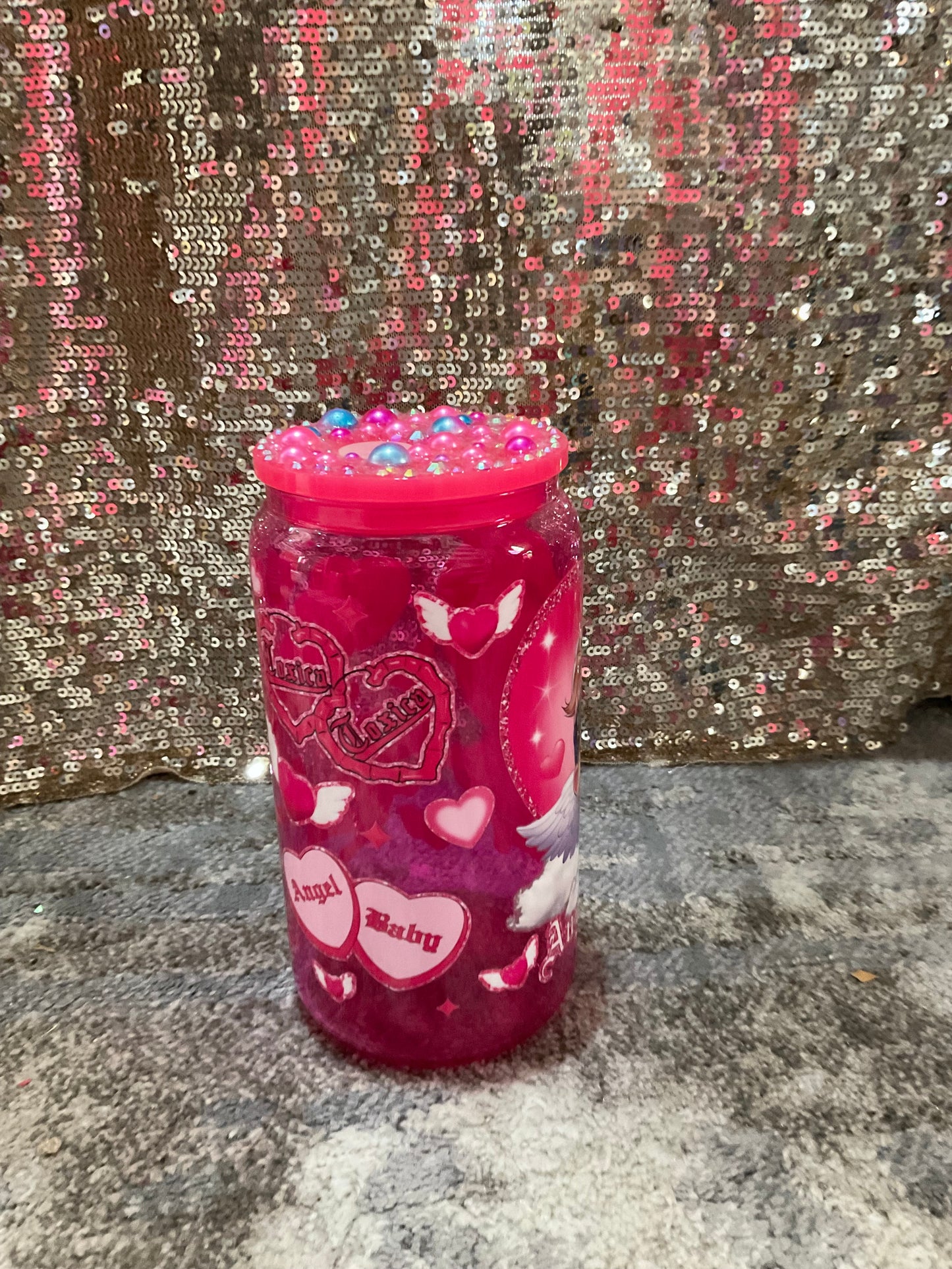 Angel Baby Themed 16oz Pink Glass Tumbler with decorative lid topper