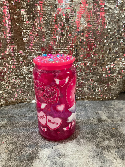 Angel Baby Themed 16oz Pink Glass Tumbler with decorative lid topper