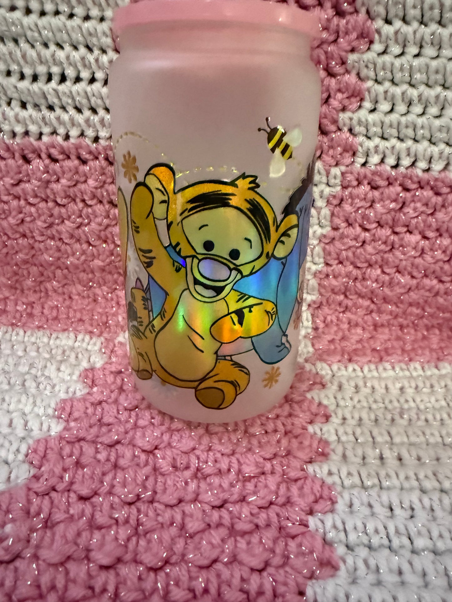 Winnie the Pooh Characters 16 oz Frosted Glass Cup with Holographic Design and decorative lid topper