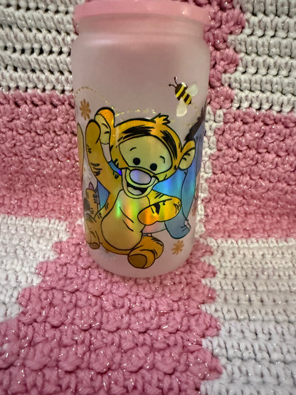 Winnie the Pooh Characters 16 oz Frosted Glass Cup with Holographic Design and decorative lid topper