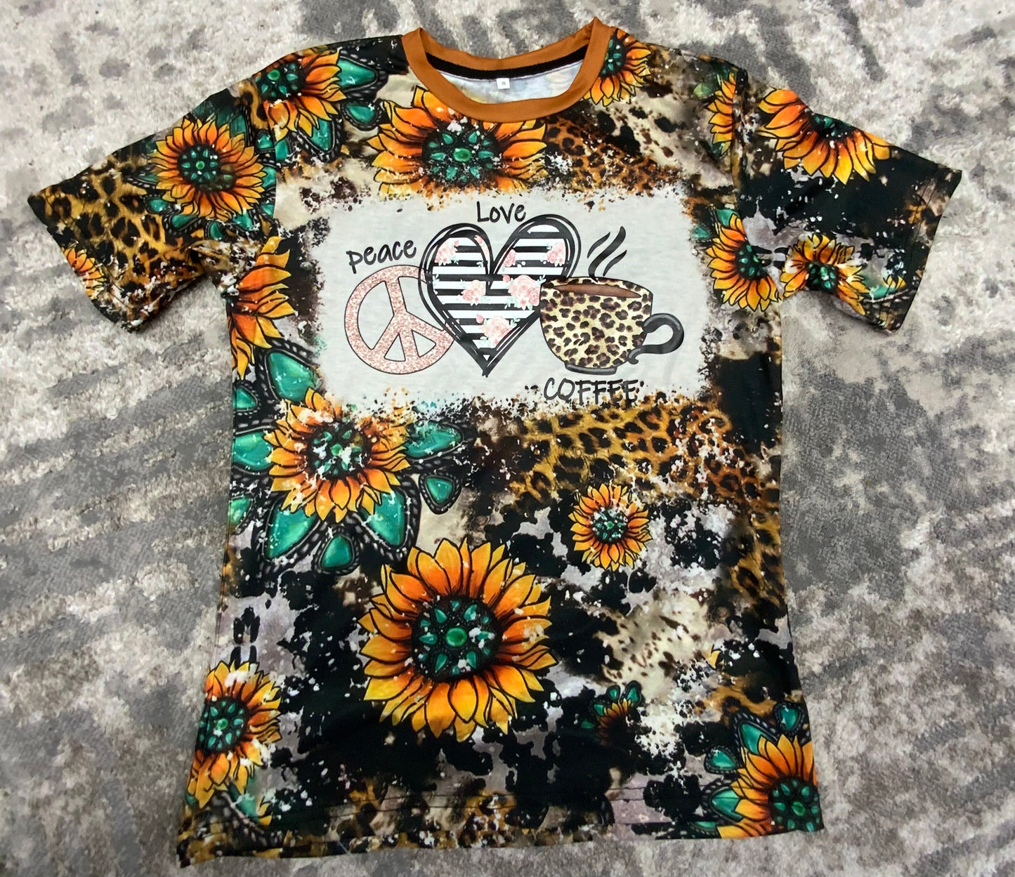 PEACE-LOVE-COFFEE- Cow Print, Cheetah, Sunflower Teal Bleach Printed T-shirt