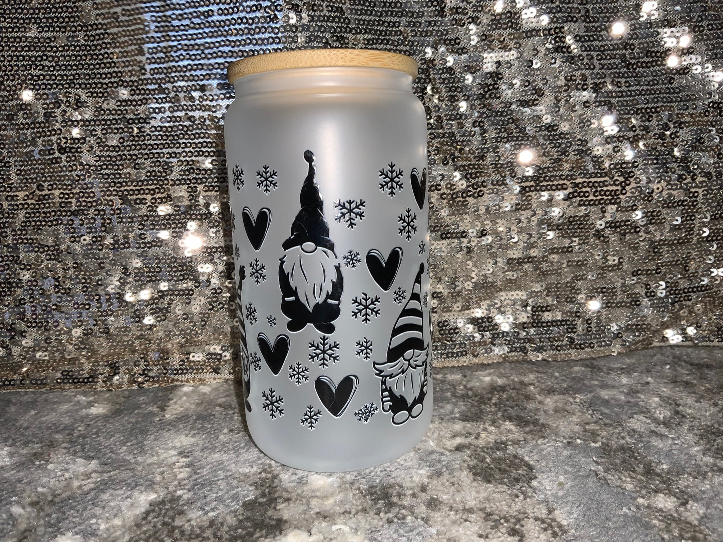 Gnomes, Hearts and Snowflakes-Frosted 16oz Glass Tumbler