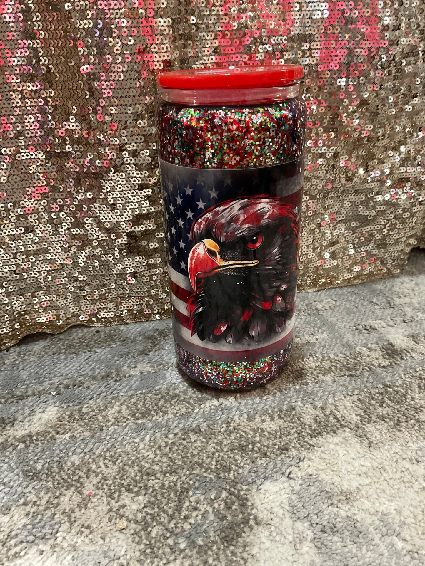 Flag and Eagle,  green, silver, black, red, iridescent Glitter Snowglobe Tumbler