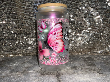 Believe Pink Butterfly Print -Rainbow Shimmer Colorful Haze Glass Tumbler (Pink)